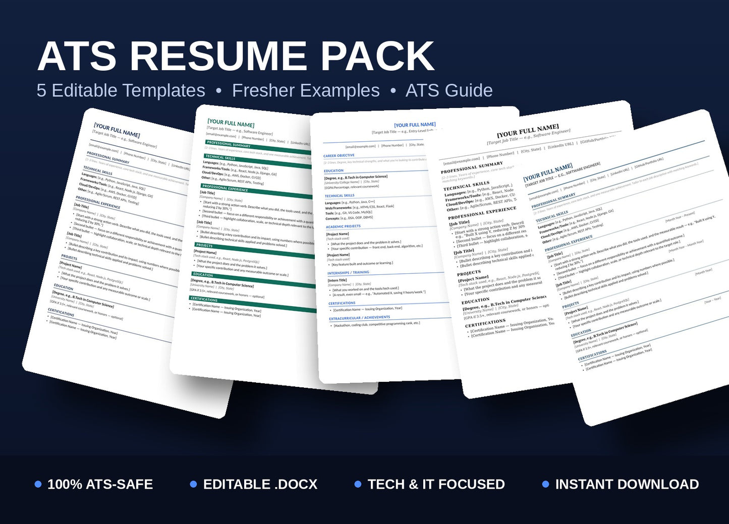 ATS Resume Pack — 5 Editable Word Templates + Fresher Examples + ATS Guide (Tech & IT)