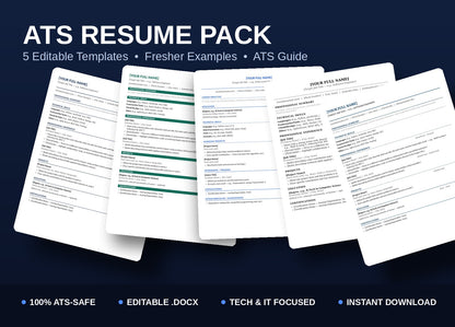 ATS Resume Pack — 5 Editable Word Templates + Fresher Examples + ATS Guide (Tech & IT)