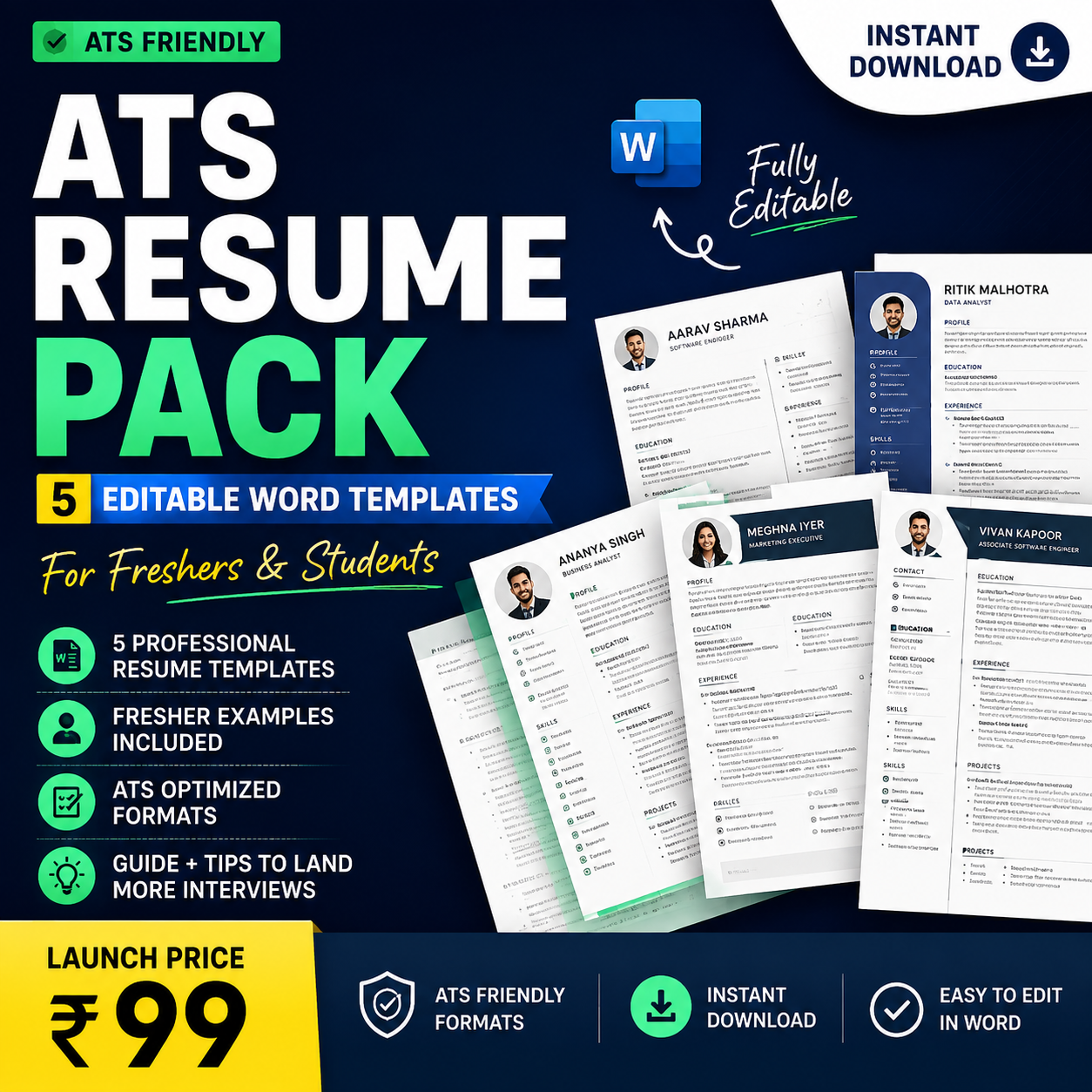 ATS Resume Pack — 5 Editable Word Templates + Fresher Examples + ATS Guide (Tech & IT)