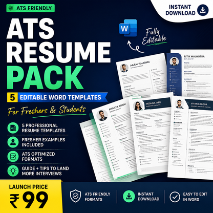 ATS Resume Pack — 5 Editable Word Templates + Fresher Examples + ATS Guide (Tech & IT)